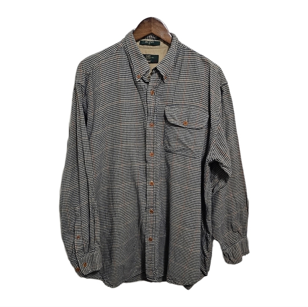 Orvis plaid houndstooth flannel tan button down casual shirt size XL